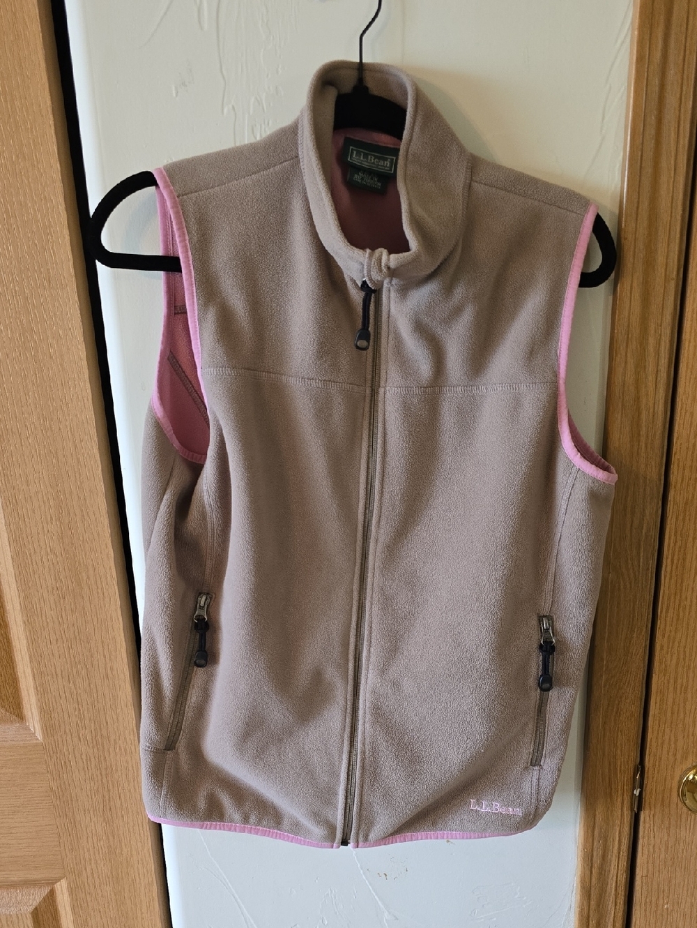L.L. Bean Taupe Fleece Vest with Pink Trim